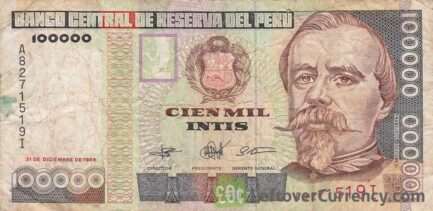 100,000 Peruvian intis banknote obverse