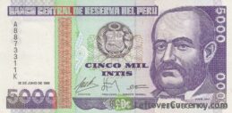 5,000 Peruvian intis banknote obverse