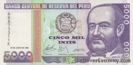 5,000 Peruvian intis banknote obverse