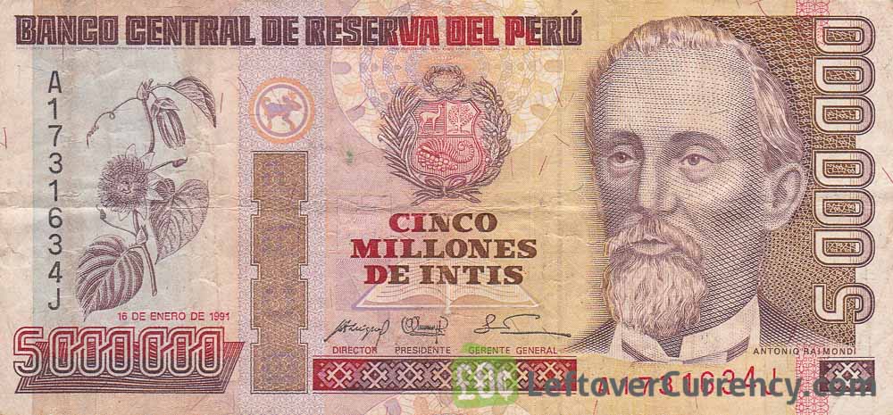 5,000,000 Peruvian intis banknote obverse