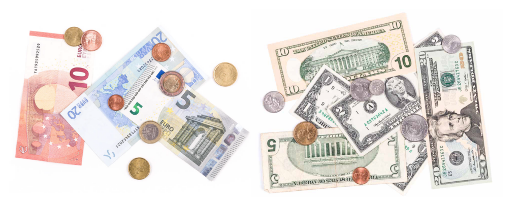 euro and US dollar currency
