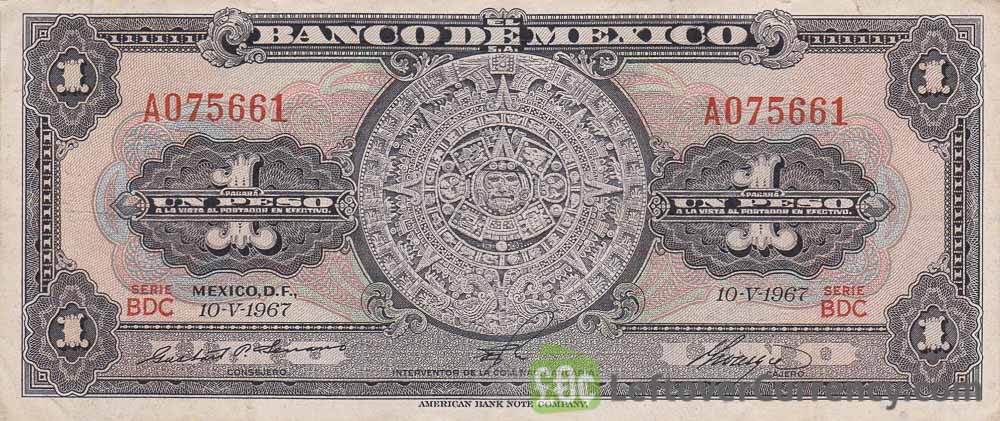 1 old Mexican Peso banknote (Piedra del Sol)