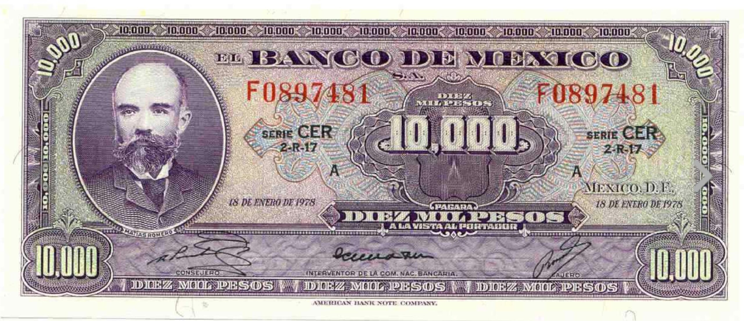 10000 old Mexican Pesos banknote (Matías Romero)