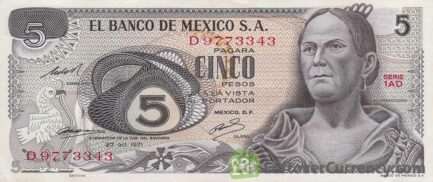 PESO CORREGIDORA ISSUE OCT 27,1971 1AH # H 2952761 MEXICO PAPER MONEY CINCO 5 