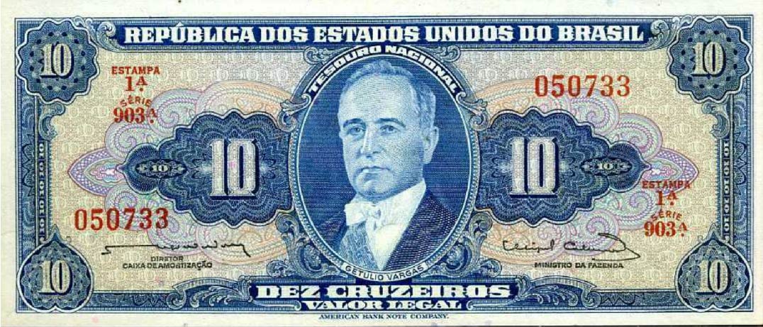 10 Brazilian Cruzeiros banknote (Getulio Vargas blue type)