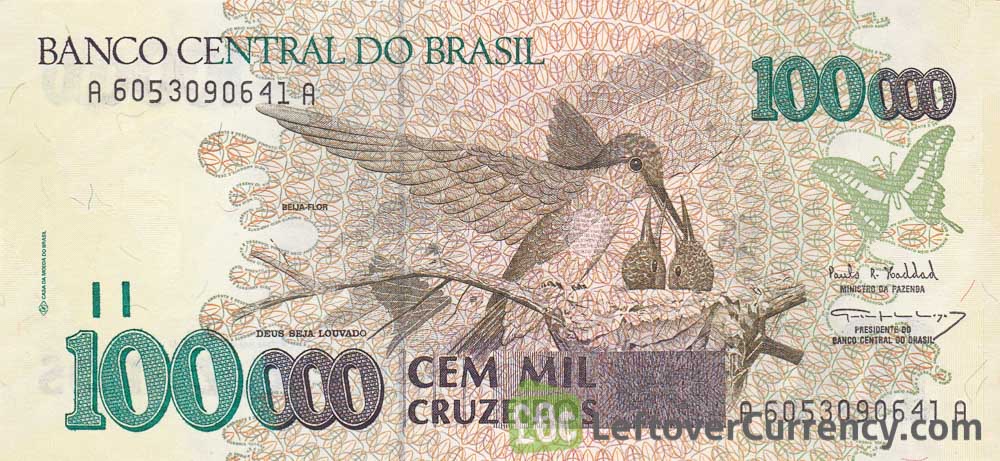 100,000 Brazilian Cruzeiros banknote (Hummingbird)