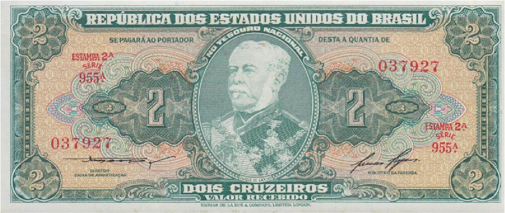 2 Brazilian Cruzeiros banknote (Duque de Caxias green type)