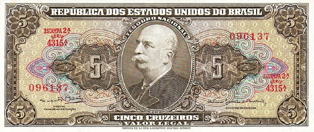 5 Brazilian Cruzeiros banknote (Barão do Rio Branco brown type)