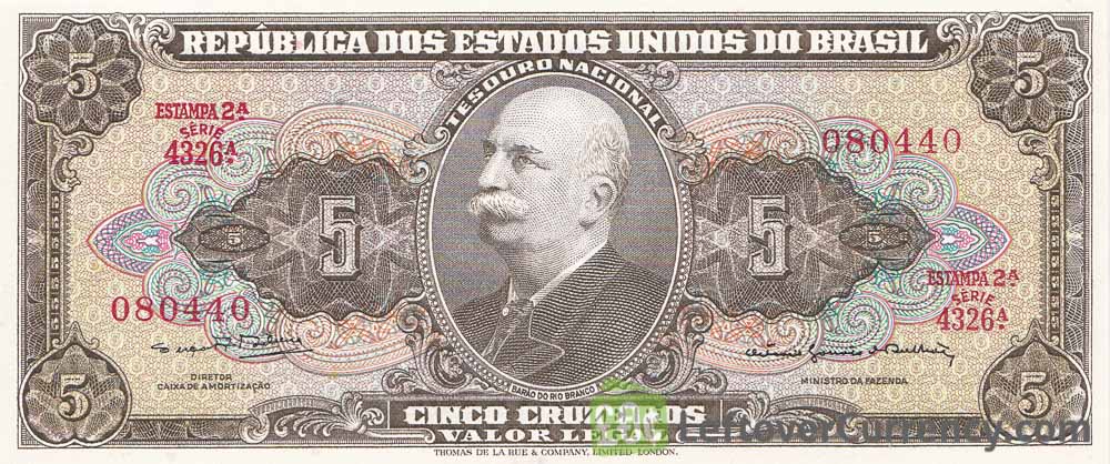 5 Brazilian Cruzeiros banknote (Barão do Rio Branco olive type) obverse