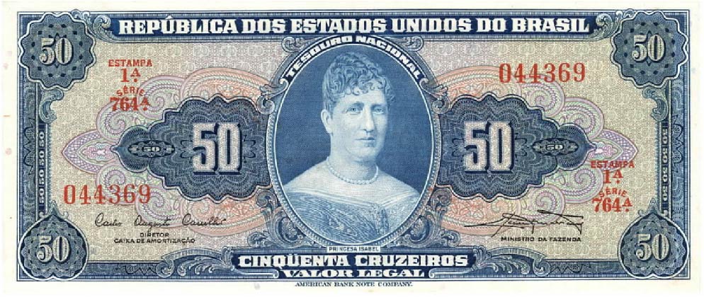50 Brazilian Cruzeiros banknote (Princesa Isabel blue type)