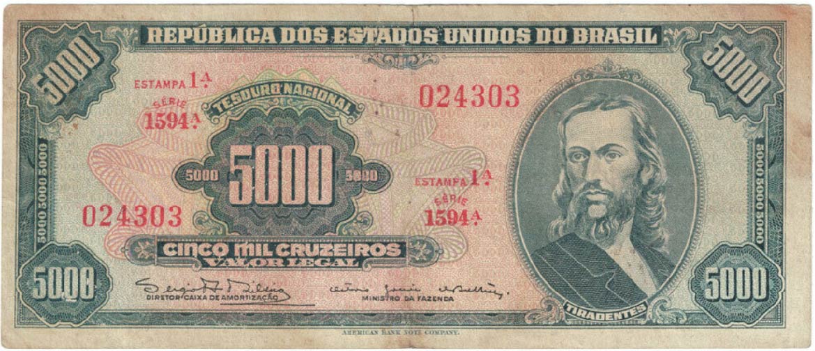 5,000 Brazilian Cruzeiros banknote (Tiradentes blue type)