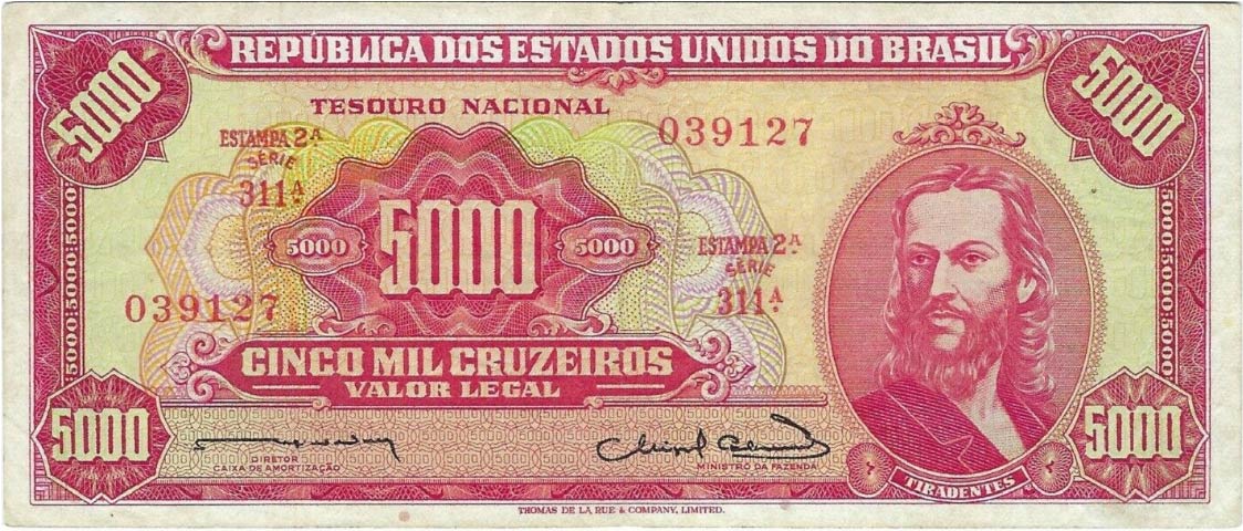 Brazil 5 Cruzeiros 1963 sign 12 Banknote Brasil Serie 2458 Free Shipping  World 