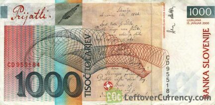 1000 Slovenian Tolars banknote (France Preseren) reverse