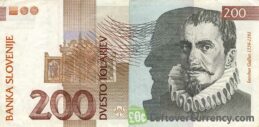 200 Slovenian Tolars banknote (Jacobus Gallus) obverse