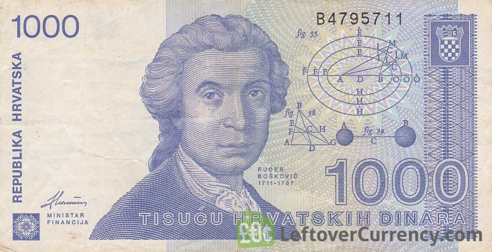 1000 Dinara banknote Republic of Croatia obverse