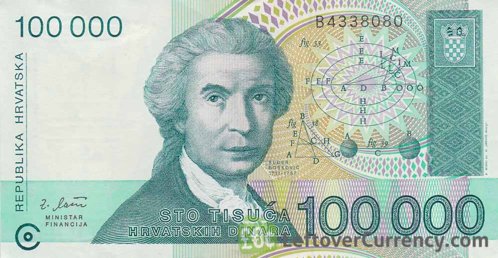 100000 Dinara banknote Republic of Croatia