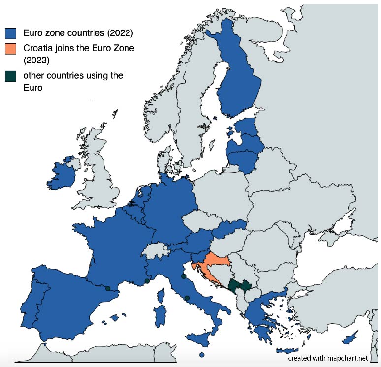Eurozone map - Croatia joins in 2023