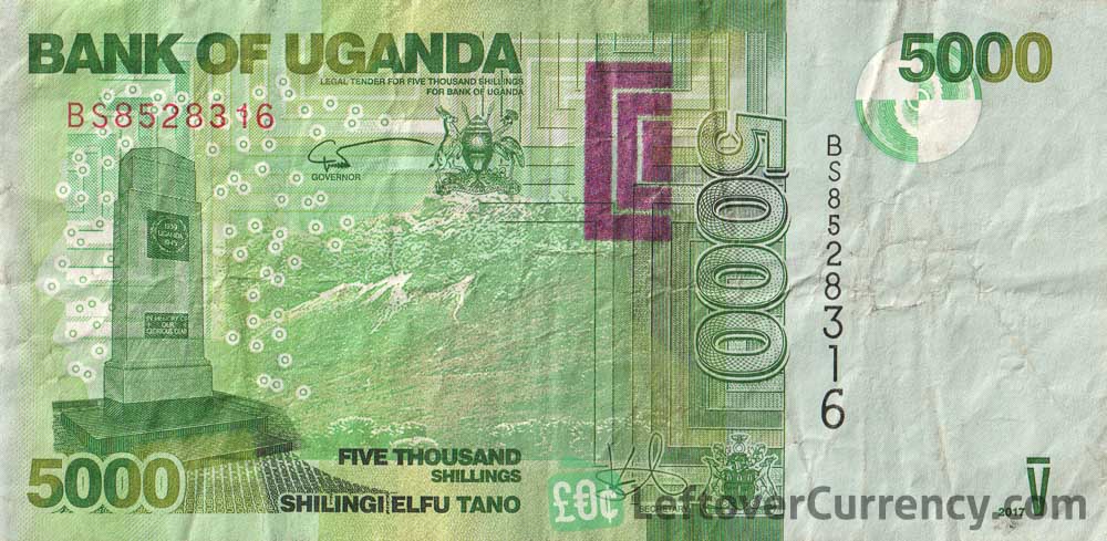 5000 Ugandan Shillings banknote (World War Memorial Monument) obverse