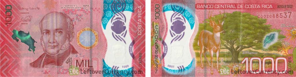 obverse and reverse of a 1000 Costa Rican Colones note