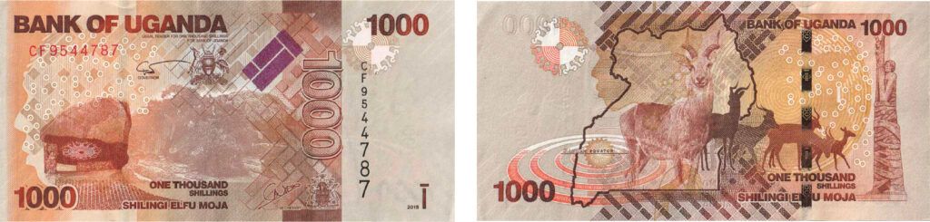 obverse and reverse of a 1000 Ugandan Shilling banknote