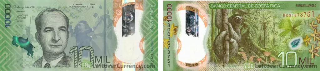 obverse and reverse of a 10000 Costa Rican Colones note
