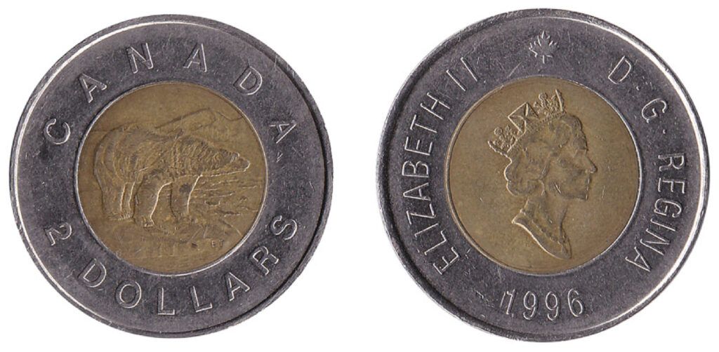 Obverse and reverse of 2 Canadian Dollar coin featuring image of Queen Elizabeth II