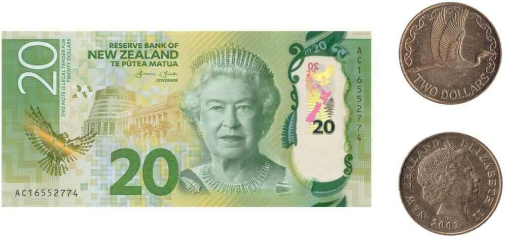 20 New Zealand Dollar banknote and New Zealand 2 Dollar coin