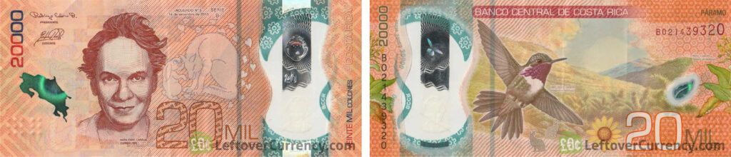obverse and reverse of a 20000 Costa Rican Colones note