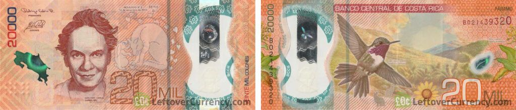 obverse and reverse of a 20000 Costa Rican Colones note