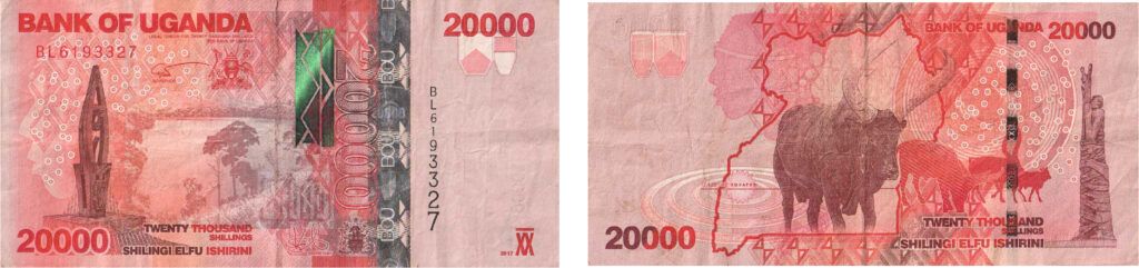 obverse and reverse of a 20000 Ugandan Shilling banknote