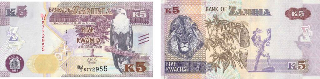 Obverse and reverse of 5 Kwacha banknote