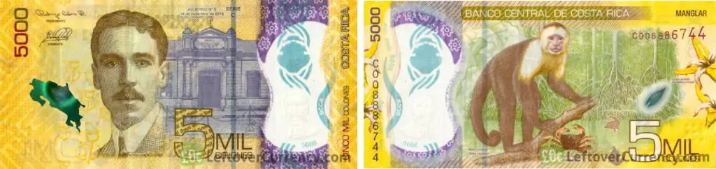 obverse and reverse of a 5000 Costa Rican Colones banknote