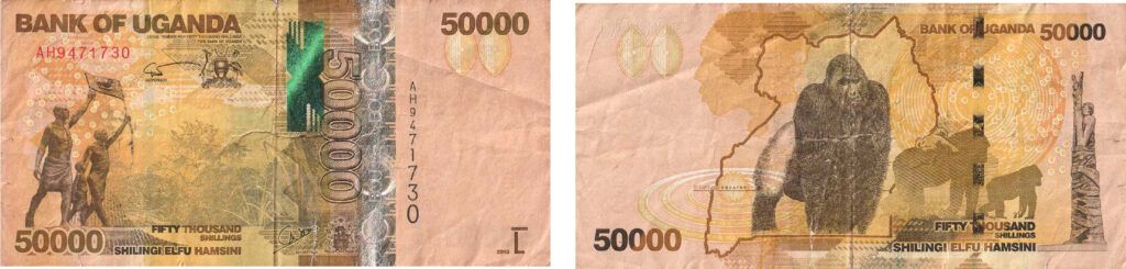 obverse and reverse of a 50000 Ugandan Shilling banknote