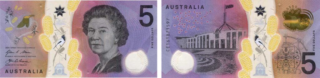 Obverse and reverse of Australian 5 Dollar banknote featuring portrait of Queen Elizabeth II
