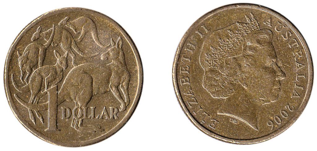 Obverse and reverse of Australian 1 Dollar coin featuring portrait of Queen Elizabeth II