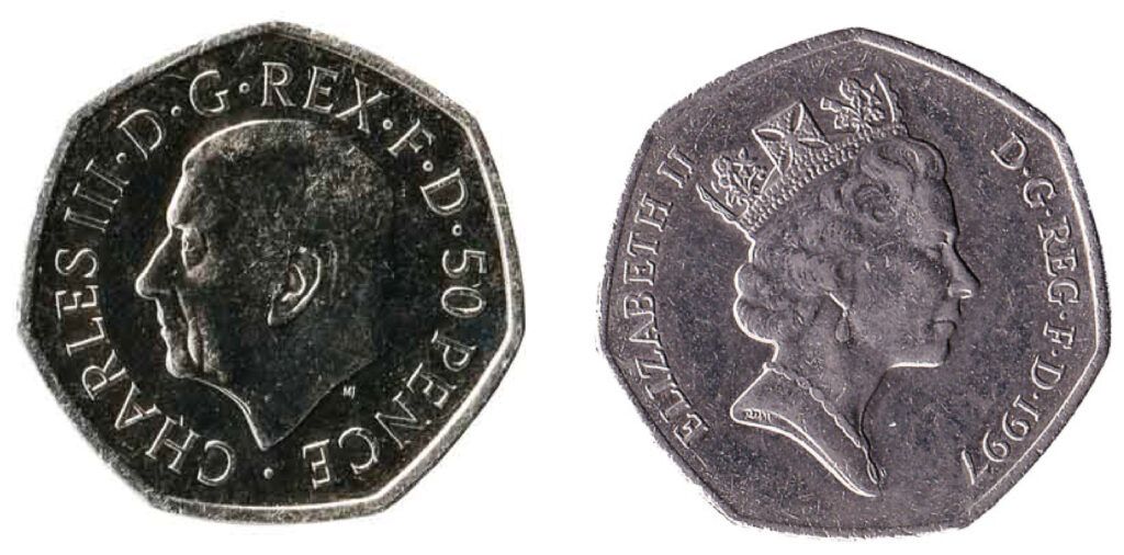 British 50 pence coin featuring image of  the Late Queen Elizabeth II and King Charles III