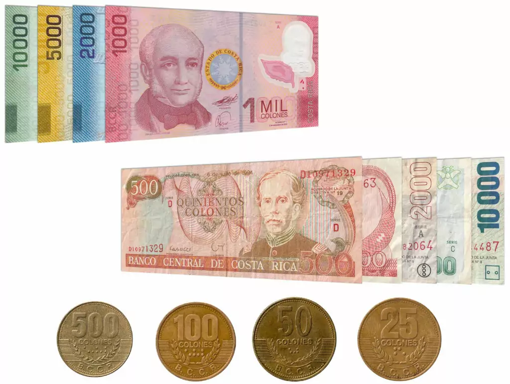 current and withdrawn Costa Rican Colones banknotes series and current coin series