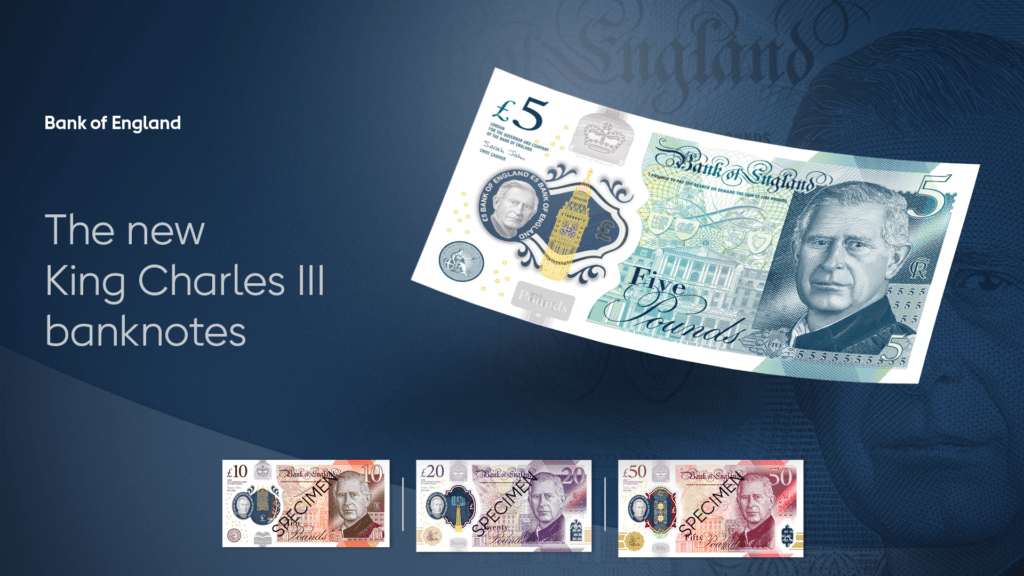 image of British Pound banknotes featuring the image of King Charles III.
