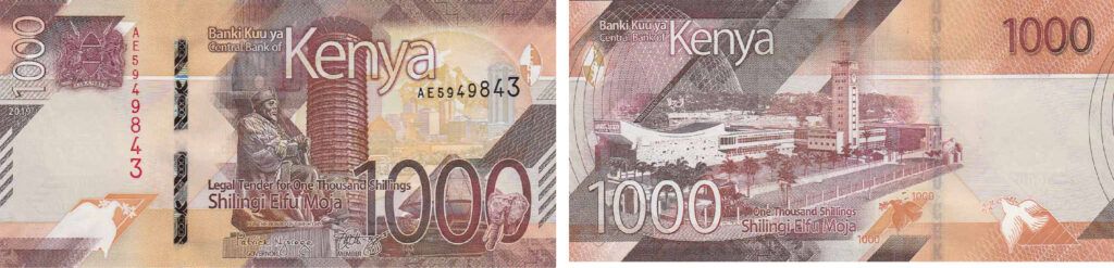 obverse and reverse of a 1000 Kenyan Shilling banknote