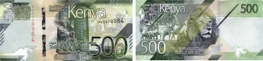 obverse and reverse of a 500 Kenyan Shilling banknote