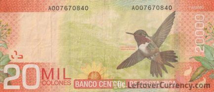 20000 Costa Rican Colones paper banknote (Chispita hummingbird)