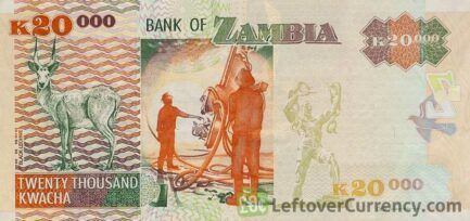 20,000 Zambian Kwacha banknote black lechwe antelope reverse side