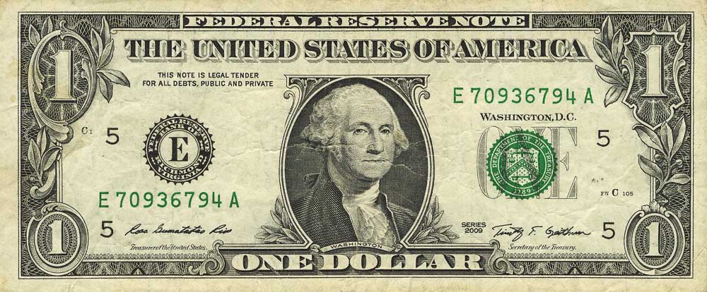 $1 US dollar banknote with two identical serial numbers