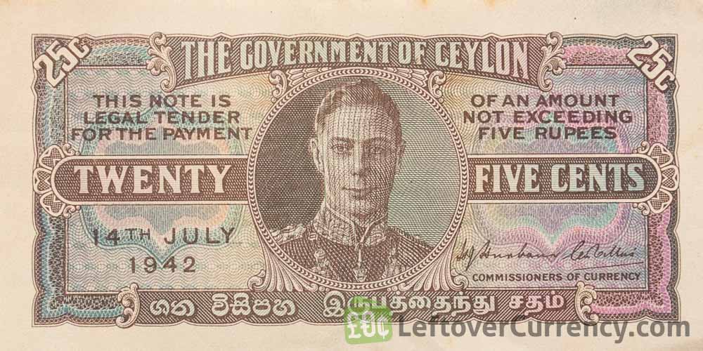 25 cents banknote Government of Ceylon (King George VI)