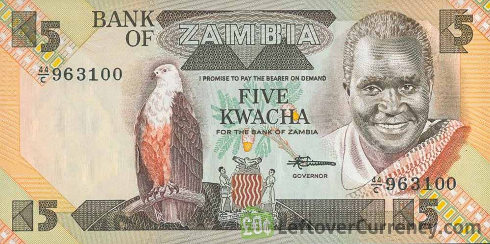 5 Zambian Kwacha banknote (President Kenneth Kaunda type 1980)