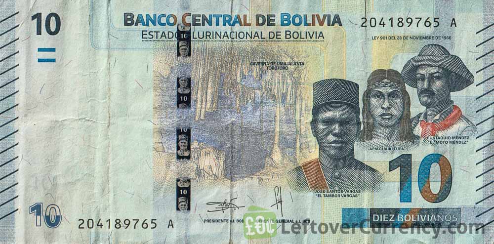 10 Bolivian Bolivianos banknote (Umajalanta Cavern) obverse side