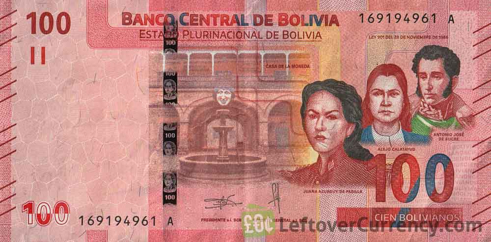 100 Bolivian Bolivianos banknote (National Mint of Bolivia) obverse side