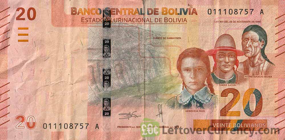 20 Bolivian Bolivianos banknote (Fort Samaipata) obverse side