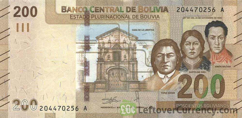 200 Bolivian Bolivianos banknote (House of Liberty Museum) obverse