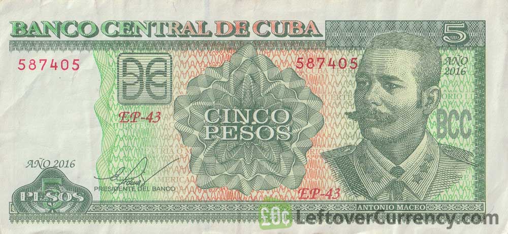 5 Cuban Pesos banknote (Antonio Maceo) obverse